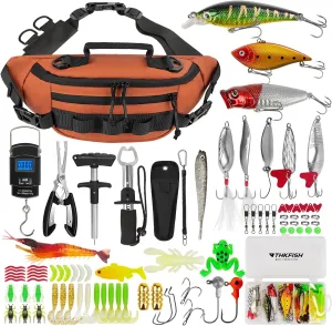 THKFISH 85Pcs Fishing Sling Bag with Tackle Box Included for Fly Fishing Tackle Kit, Waterproof Fanny Pack with Fishing Gear, Lures, Fish Pliers Kit, Lip Gripper, Weigh Scale
