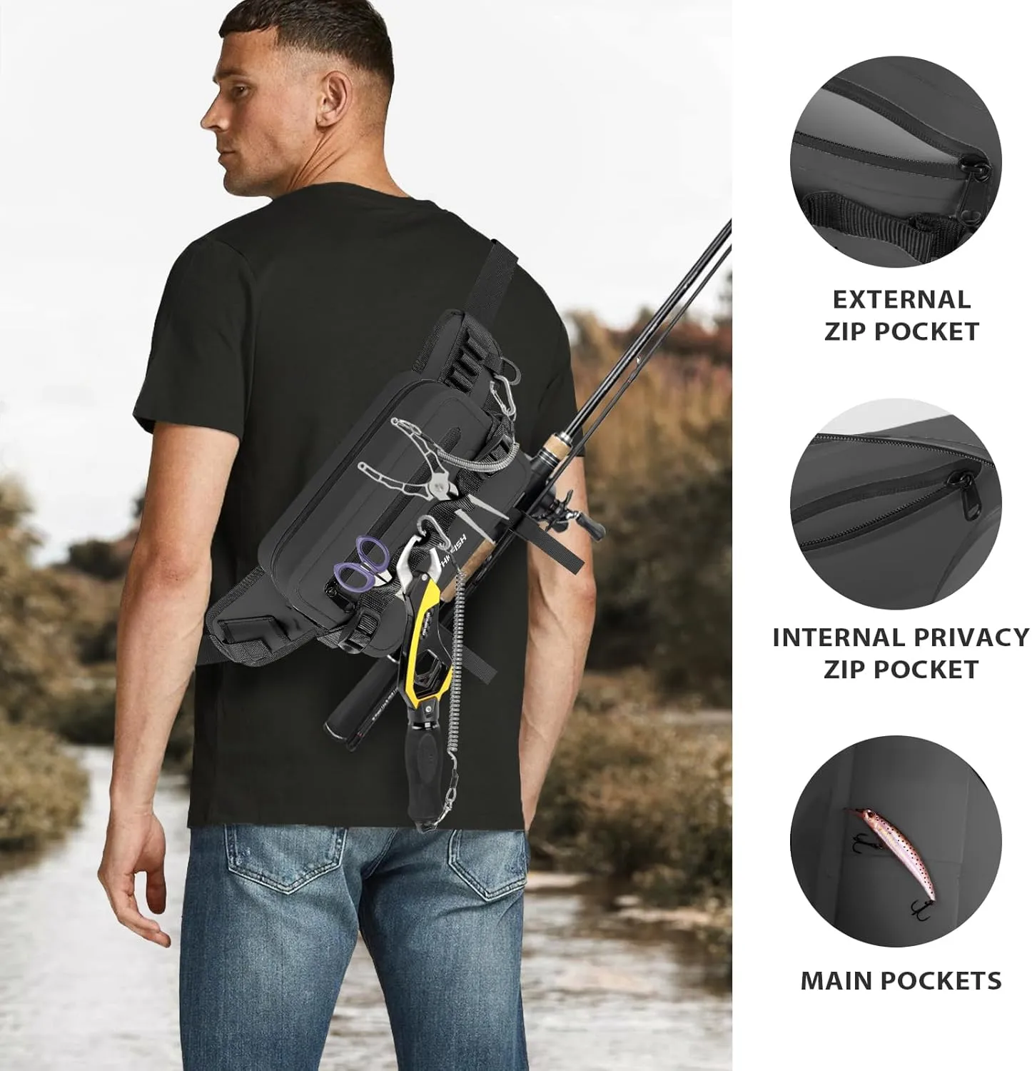 THKFISH Waterproof Waist Pack with Rod Holder, Tackle Bag with Adjustable Strap, Airtight Zipper Closure, Lightweight Sling Bag for Fly Fishing