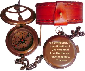 Thoreau's Go Confidently Engraved Solid Brass Nautical Pocket Compass with Leather Case, Brass Compass to Son, Gifts for Men with Famous Poet Quotes, Graduation Day, Birthday, Easter Gift (VIII)