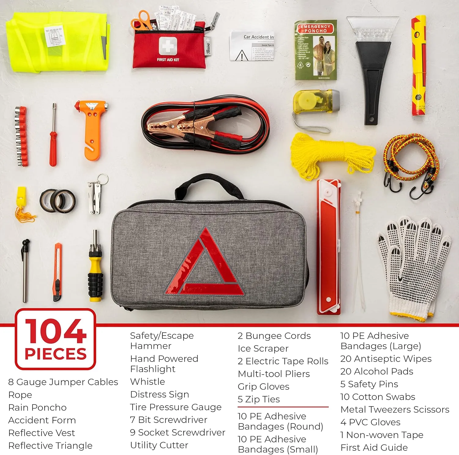 Thrive Emergency Car Kits for Vehicles - Roadside Emergency Car Kit (104 Pieces) - Car Kits for Emergency - Roadside Car Kit with Jumper Cables and Mini First Aid Kit - Gray Bag