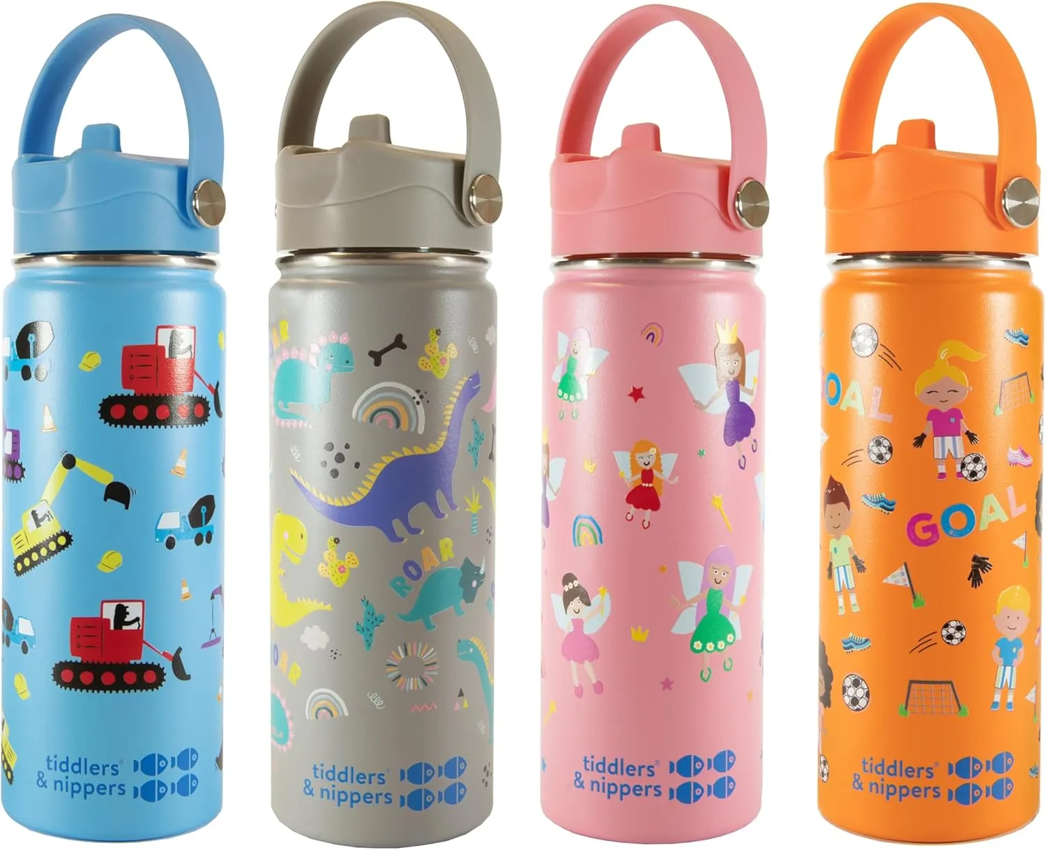 Tiddlers & Nippers 18oz Stainless Steel Vacuum Insulated Double Wall Kids Reusable Water Bottle with Leak Proof Straw 500ml | Keeps Cool for 24hrs & Warm for 10hrs   (Football Fun)