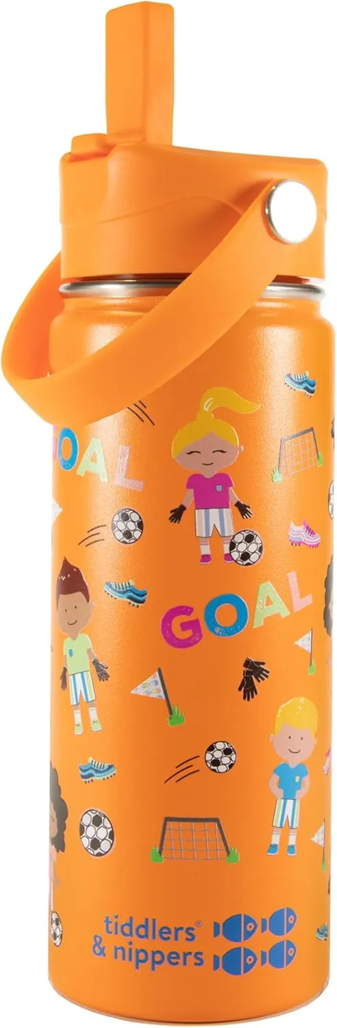 Tiddlers & Nippers 18oz Stainless Steel Vacuum Insulated Double Wall Kids Reusable Water Bottle with Leak Proof Straw 500ml | Keeps Cool for 24hrs & Warm for 10hrs   (Football Fun)