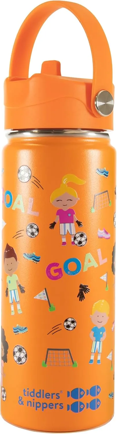 Tiddlers & Nippers 18oz Stainless Steel Vacuum Insulated Double Wall Kids Reusable Water Bottle with Leak Proof Straw 500ml | Keeps Cool for 24hrs & Warm for 10hrs   (Football Fun)