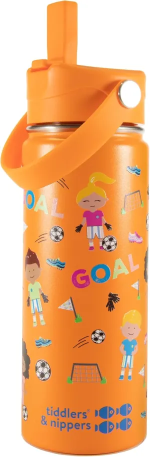 Tiddlers & Nippers 18oz Stainless Steel Vacuum Insulated Double Wall Kids Reusable Water Bottle with Leak Proof Straw 500ml | Keeps Cool for 24hrs & Warm for 10hrs   (Football Fun)