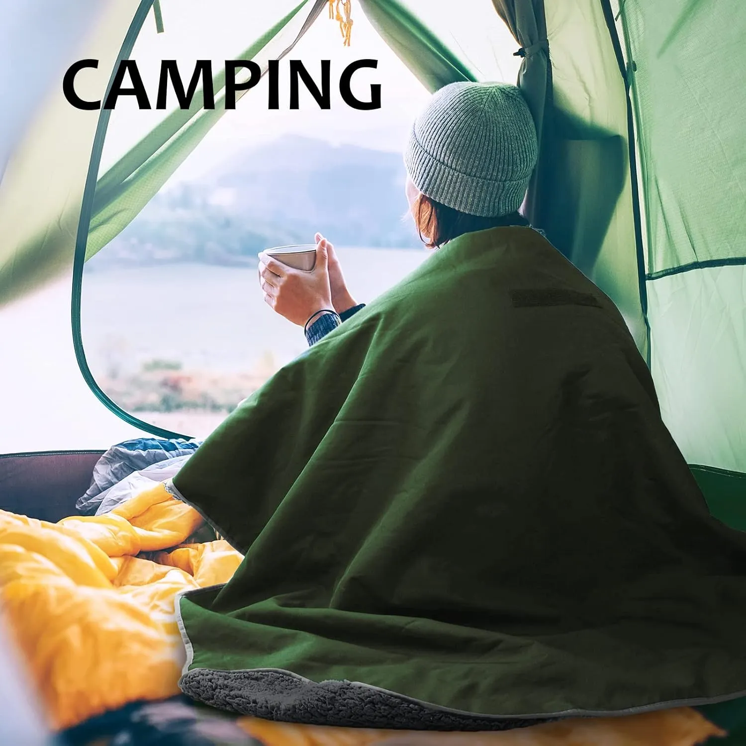 Tirrinia Outdoors Waterproof Camping Blanket,Sherpa Fleece Warm Windproof Soccer Stadium Blanket for Car Football Beach Concerts,51''X 59''