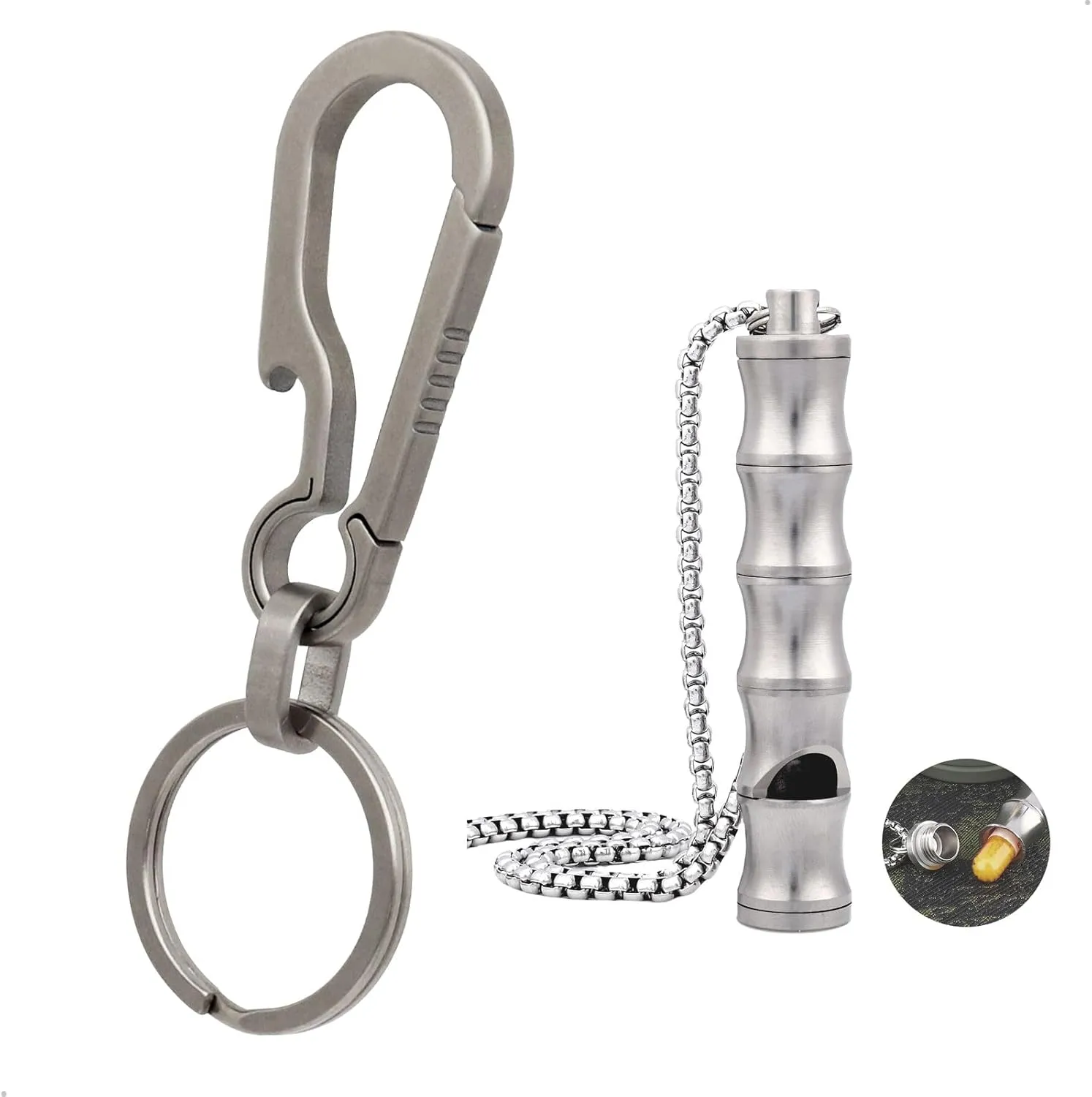 Titanium Carabiner Clip with Pill Case Whistle Necklace Bundle Emergency Whistle