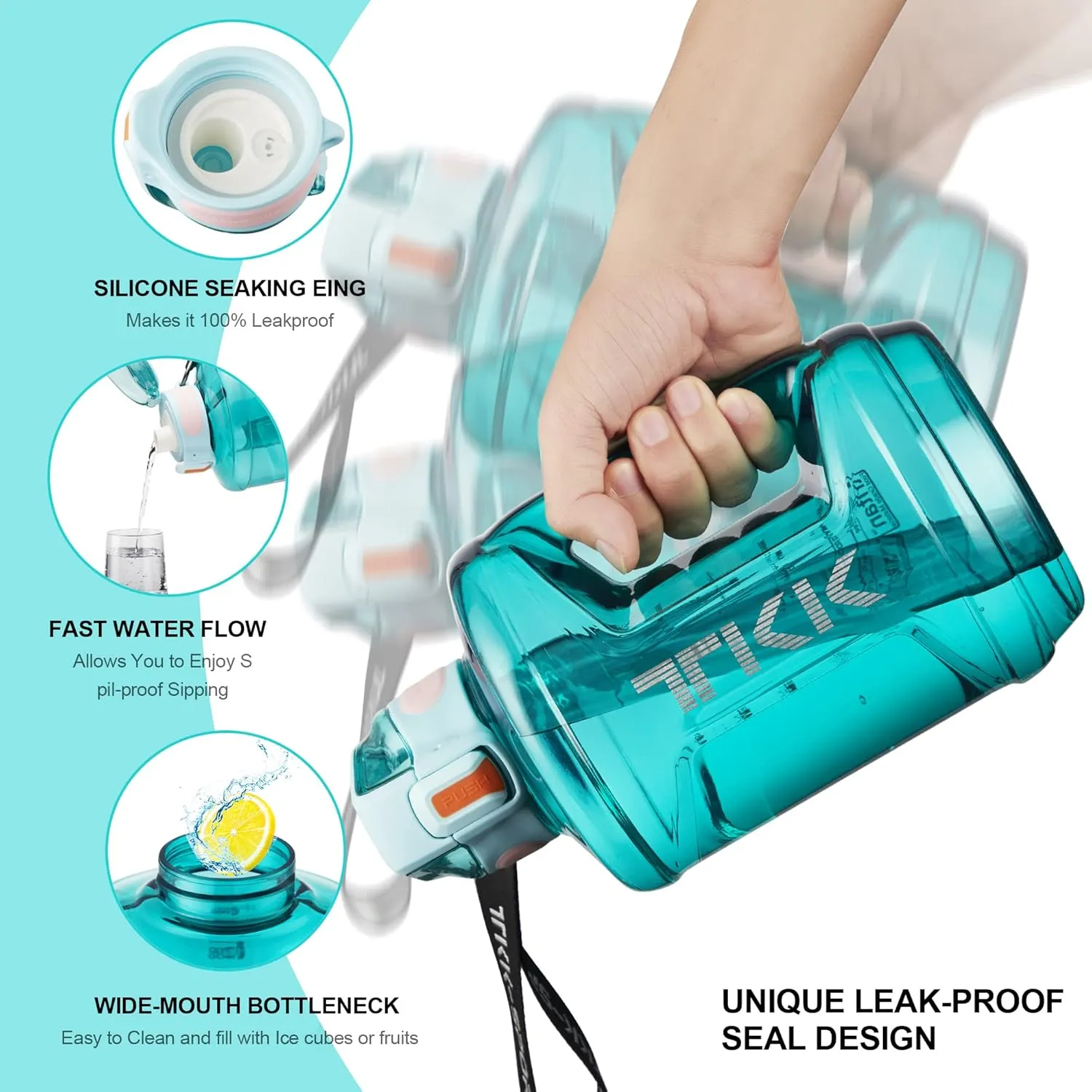 TKK Half Gallon 64oz Water Bottle with Times to Drink Large 64 oz Water Jug with Straw & Strap & Handle, BPA Free Big Water Bottle for Daily Drinking & Gym Workout