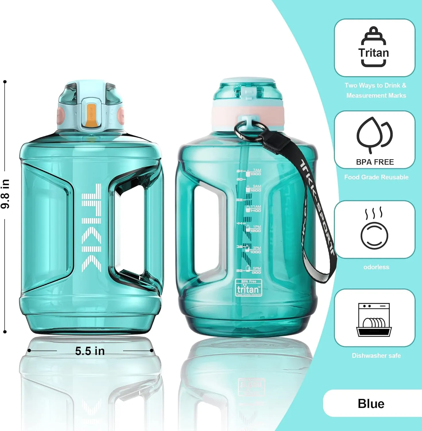 TKK Half Gallon 64oz Water Bottle with Times to Drink Large 64 oz Water Jug with Straw & Strap & Handle, BPA Free Big Water Bottle for Daily Drinking & Gym Workout