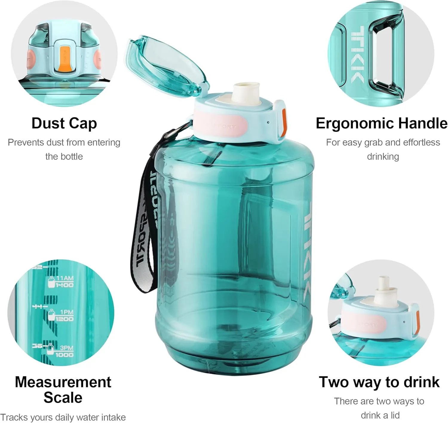 TKK Half Gallon 64oz Water Bottle with Times to Drink Large 64 oz Water Jug with Straw & Strap & Handle, BPA Free Big Water Bottle for Daily Drinking & Gym Workout