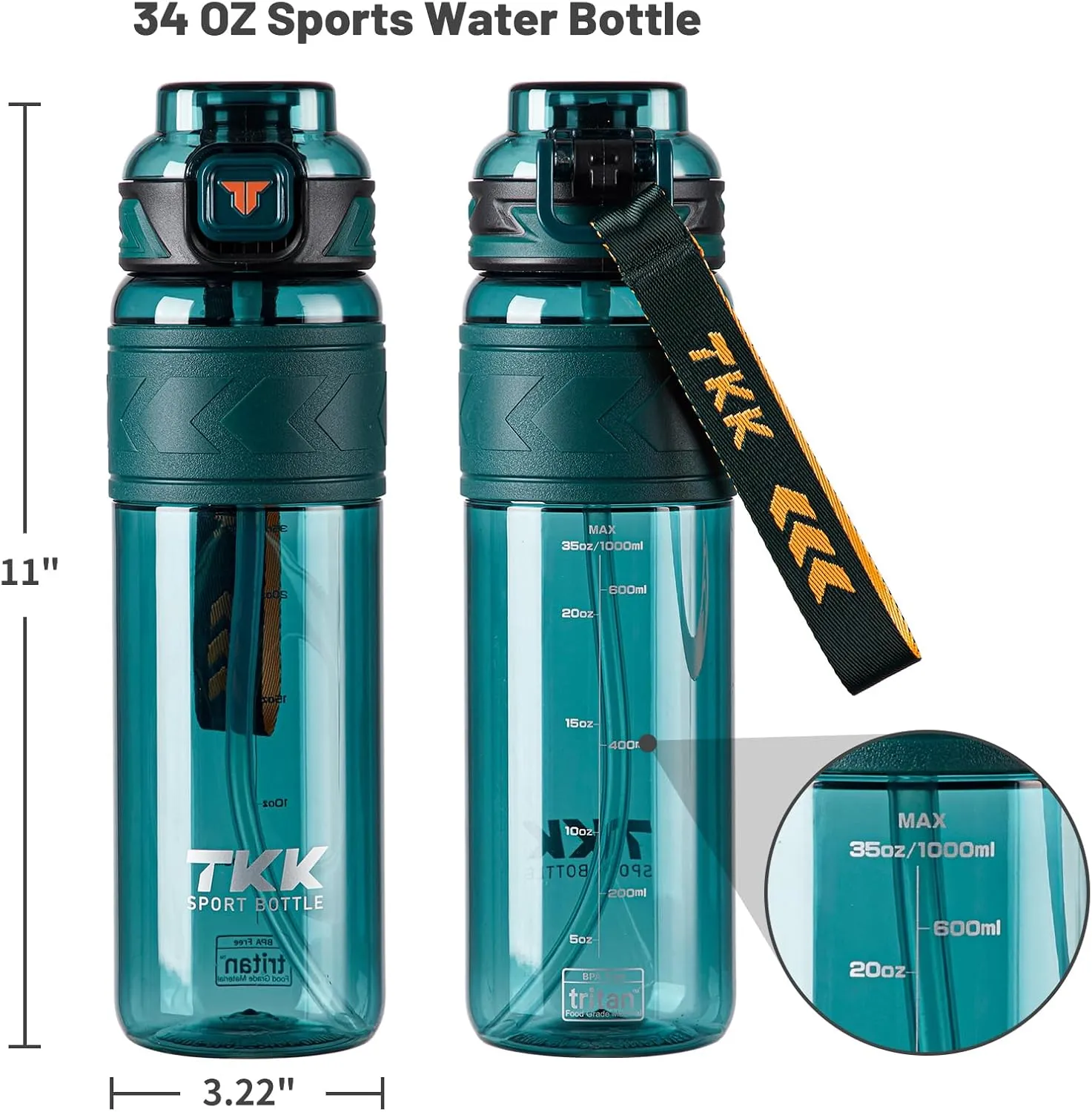 TKK Sports Water Bottles with Removable Straw 34 oz Leak-proof Flip Top Lid BPA Free Tritan Bottles with Strap for School, Fitness, Gym, Outdoor, Green