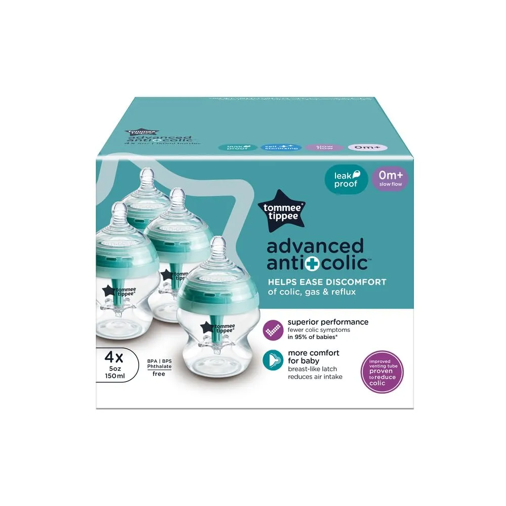 Tommee Tippee Advanced Anti-Colic BPA Free Baby Bottles, Slow Flow Breast-Like Nipple, 5oz, Newborn 0  Months, Special Design Keeps Air Away from Milk and Baby, Pack of 4
