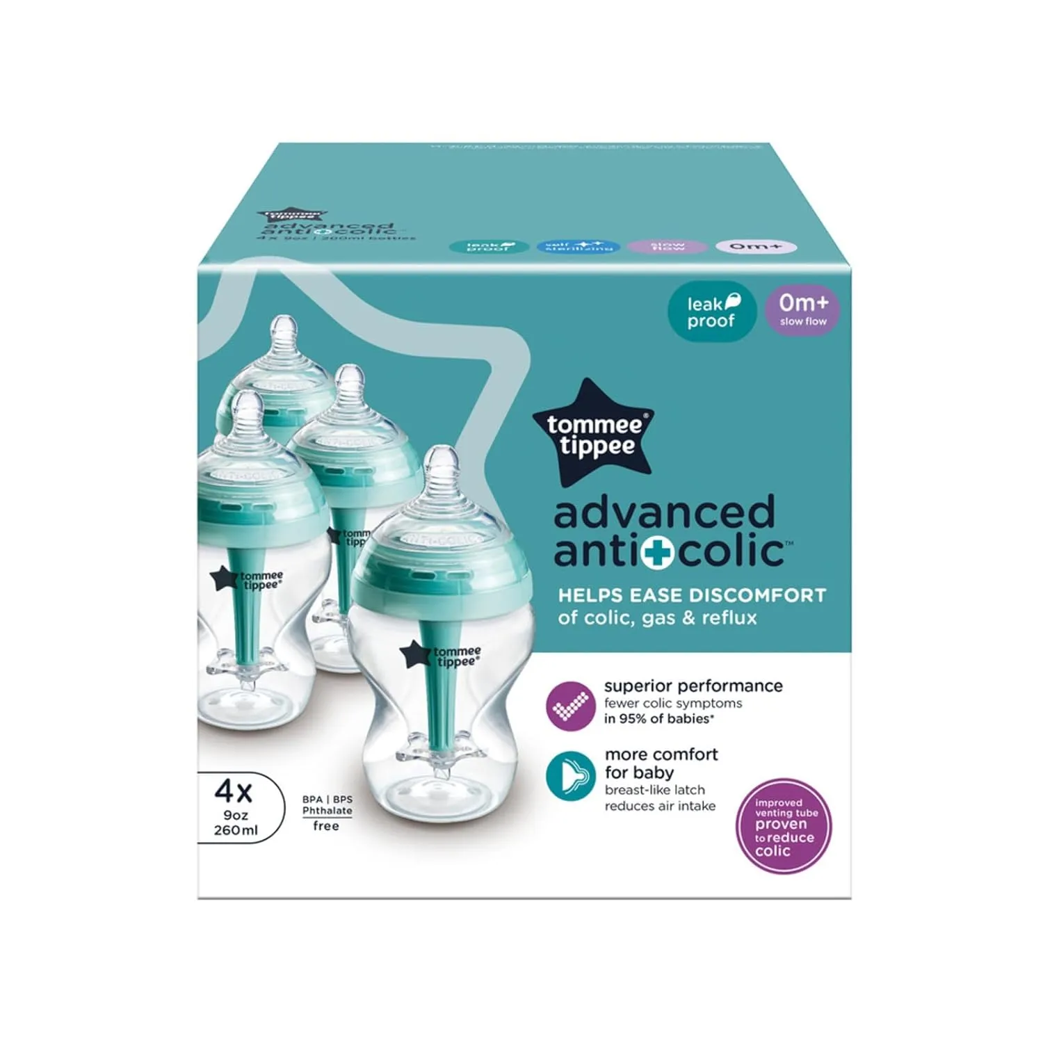 Tommee Tippee Advanced Anti-Colic BPA Free Baby Bottles, Slow Flow Breast-Like Nipple, 9oz, Newborn 0  Months, Special Design Keeps Air Away from Milk and Baby, Pack of 4