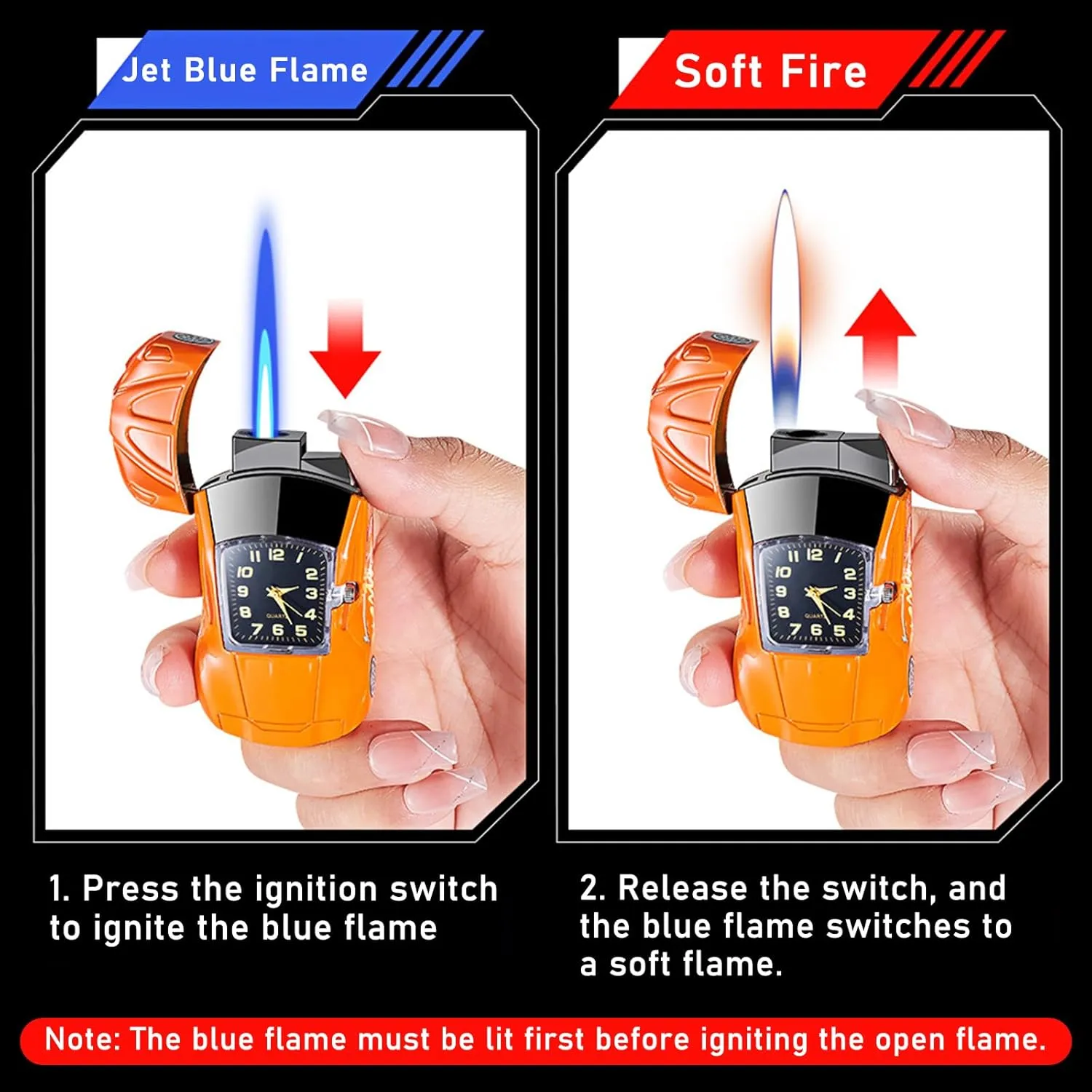 Torch Lighter - Cool Sports Car Design, Windproof Adjustable Jet Flame & Soft Flame, Butane Refillable Dual Flame Lighter, Great Gift for Men & Women (Gas Not Included)-Blue-b