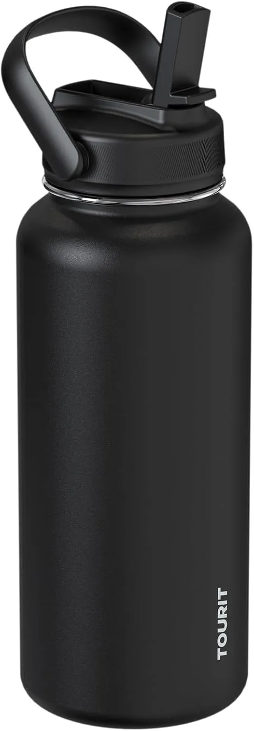 TOURIT 32 oz Insulated Water Bottle, Stainless Steel Bottle With Straw, Double Wall Vacuum Insulation for Cold and Hot Drinks, Leak Proof BPA Free Flask for Sports and Travel, Black