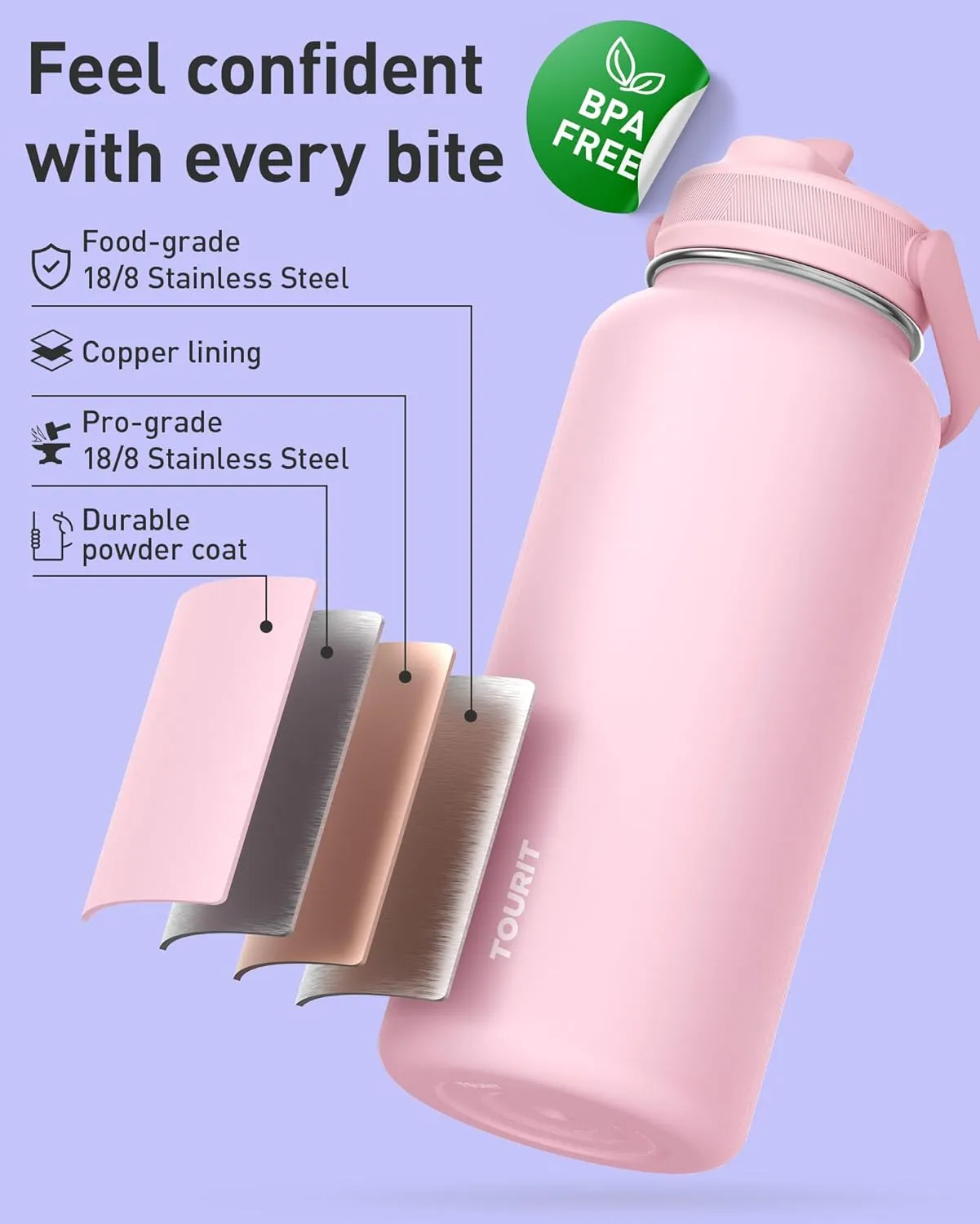 TOURIT 32 oz Insulated Water Bottle, Stainless Steel Bottle With Straw, Double Wall Vacuum Insulation for Cold and Hot Drinks, Leak Proof BPA Free Flask for Sports and Travel, Black