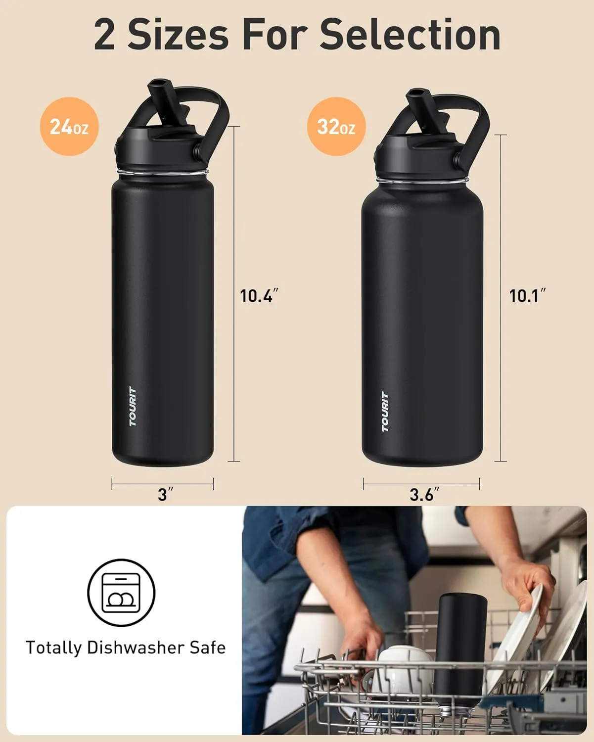 TOURIT 32 oz Insulated Water Bottle, Stainless Steel Bottle With Straw, Double Wall Vacuum Insulation for Cold and Hot Drinks, Leak Proof BPA Free Flask for Sports and Travel, Black