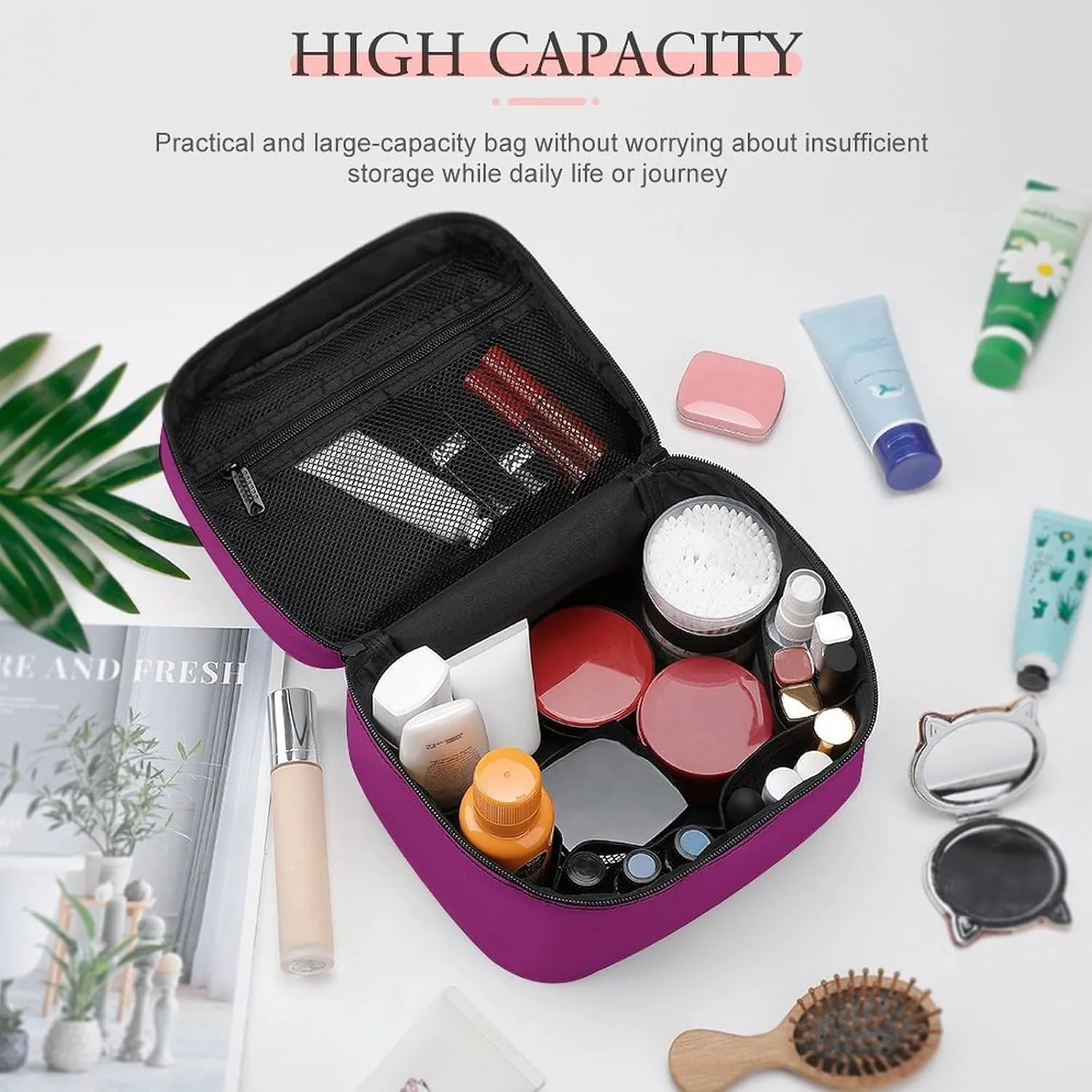 Travel Makeup Bag, Dark Pink Cosmetic Bags for Women Large Capacity Waterproof Toiletry Bag Make up Organizer
