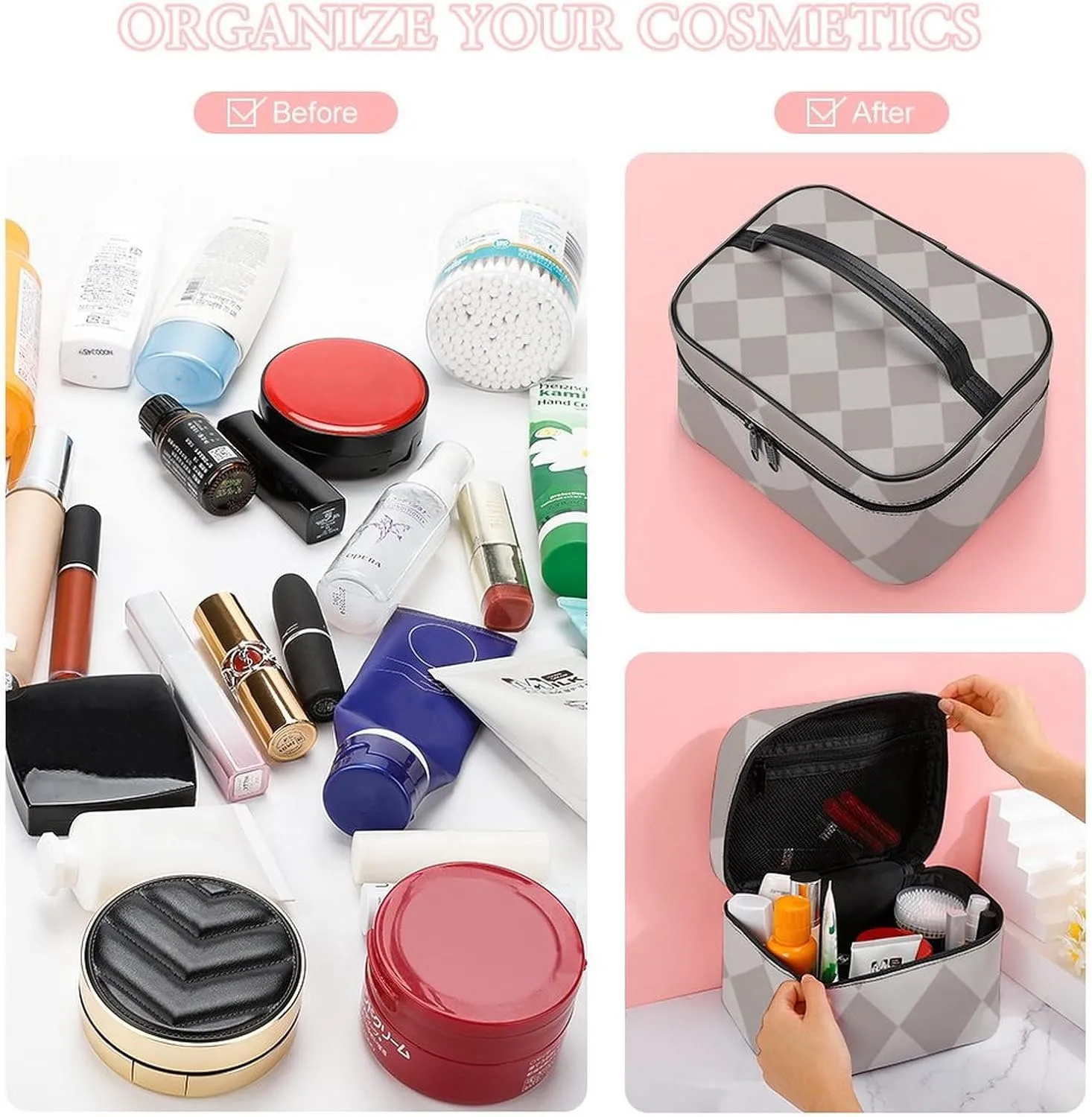 Travel Makeup Bag, Gray Diamond Cosmetic Bags for Women Large Capacity Waterproof Toiletry Bag Make up Organizer