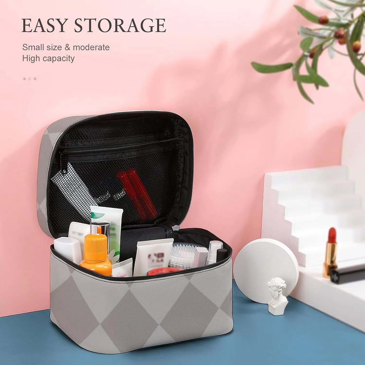 Travel Makeup Bag, Gray Diamond Cosmetic Bags for Women Large Capacity Waterproof Toiletry Bag Make up Organizer