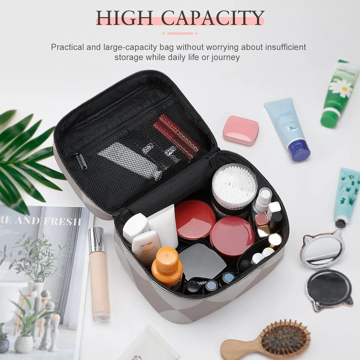 Travel Makeup Bag, Gray Diamond Cosmetic Bags for Women Large Capacity Waterproof Toiletry Bag Make up Organizer