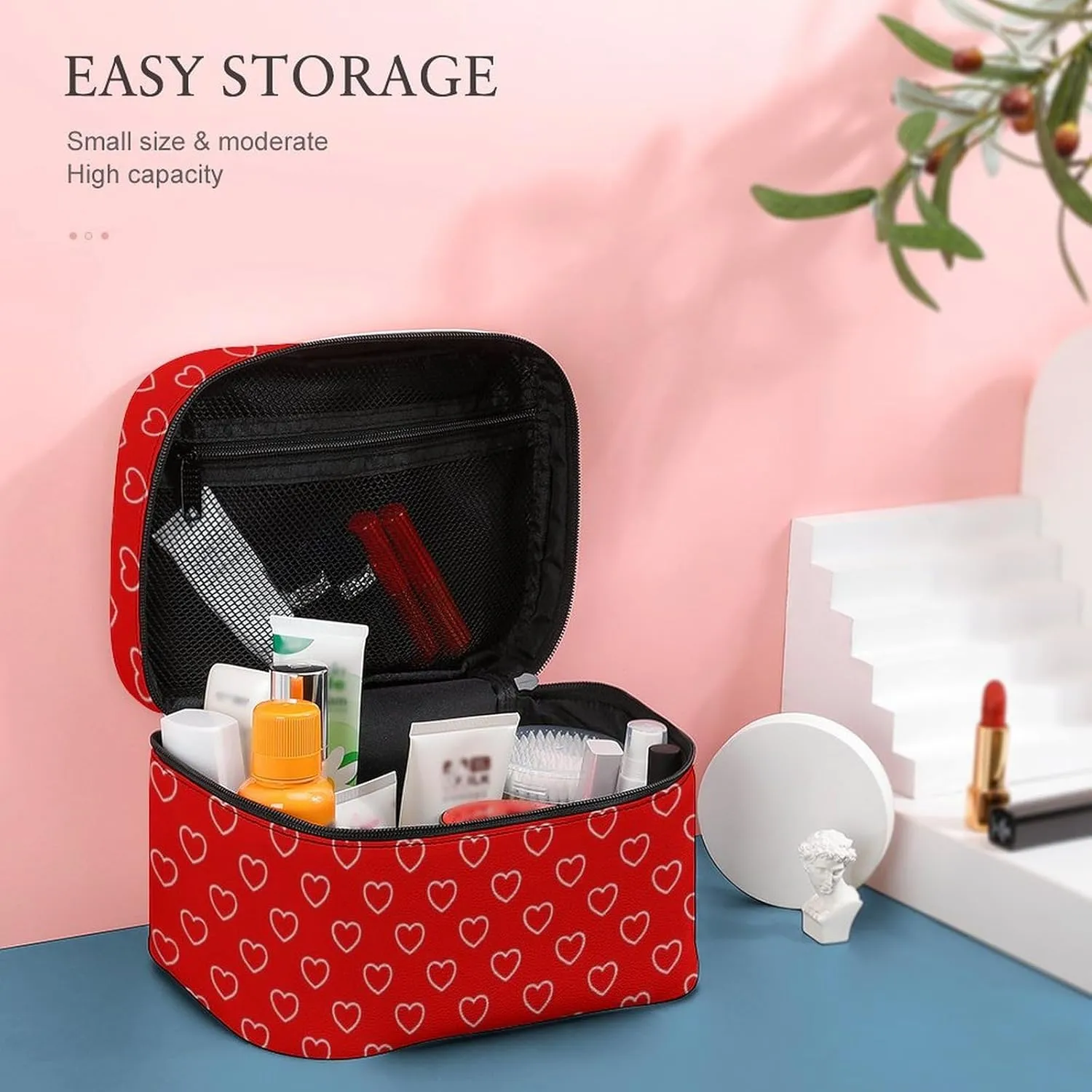Travel Makeup Bag, Red White Hearts Cosmetic Bags for Women Large Capacity Waterproof Toiletry Bag Make up Organizer