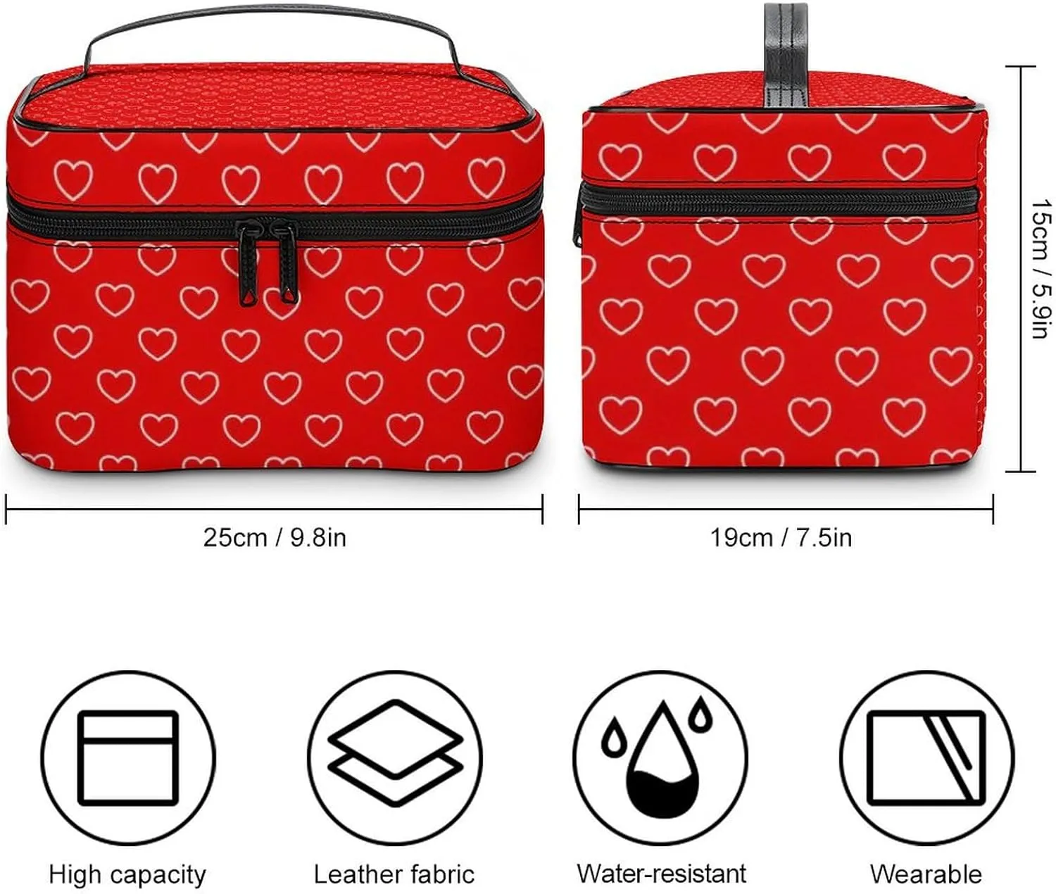 Travel Makeup Bag, Red White Hearts Cosmetic Bags for Women Large Capacity Waterproof Toiletry Bag Make up Organizer