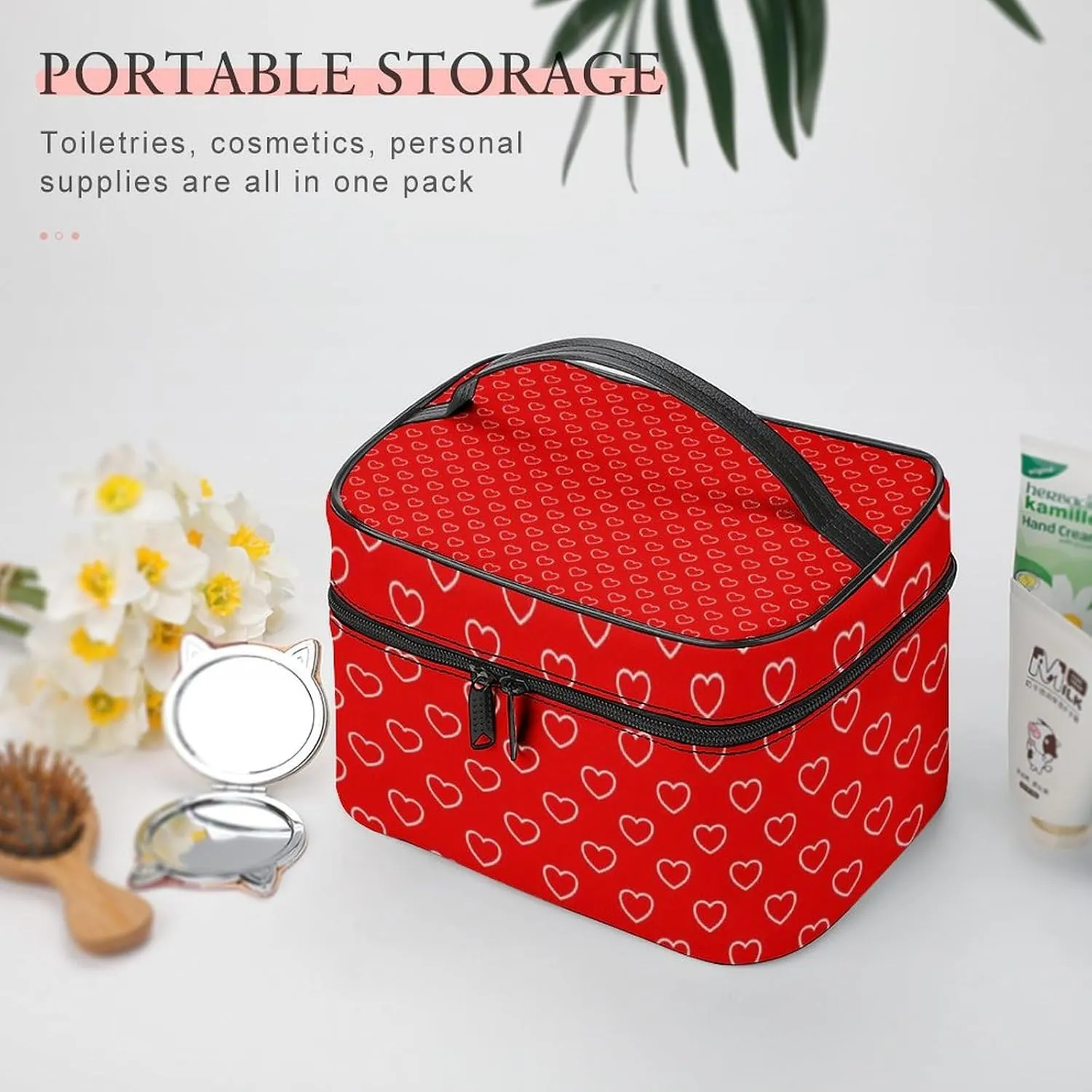 Travel Makeup Bag, Red White Hearts Cosmetic Bags for Women Large Capacity Waterproof Toiletry Bag Make up Organizer
