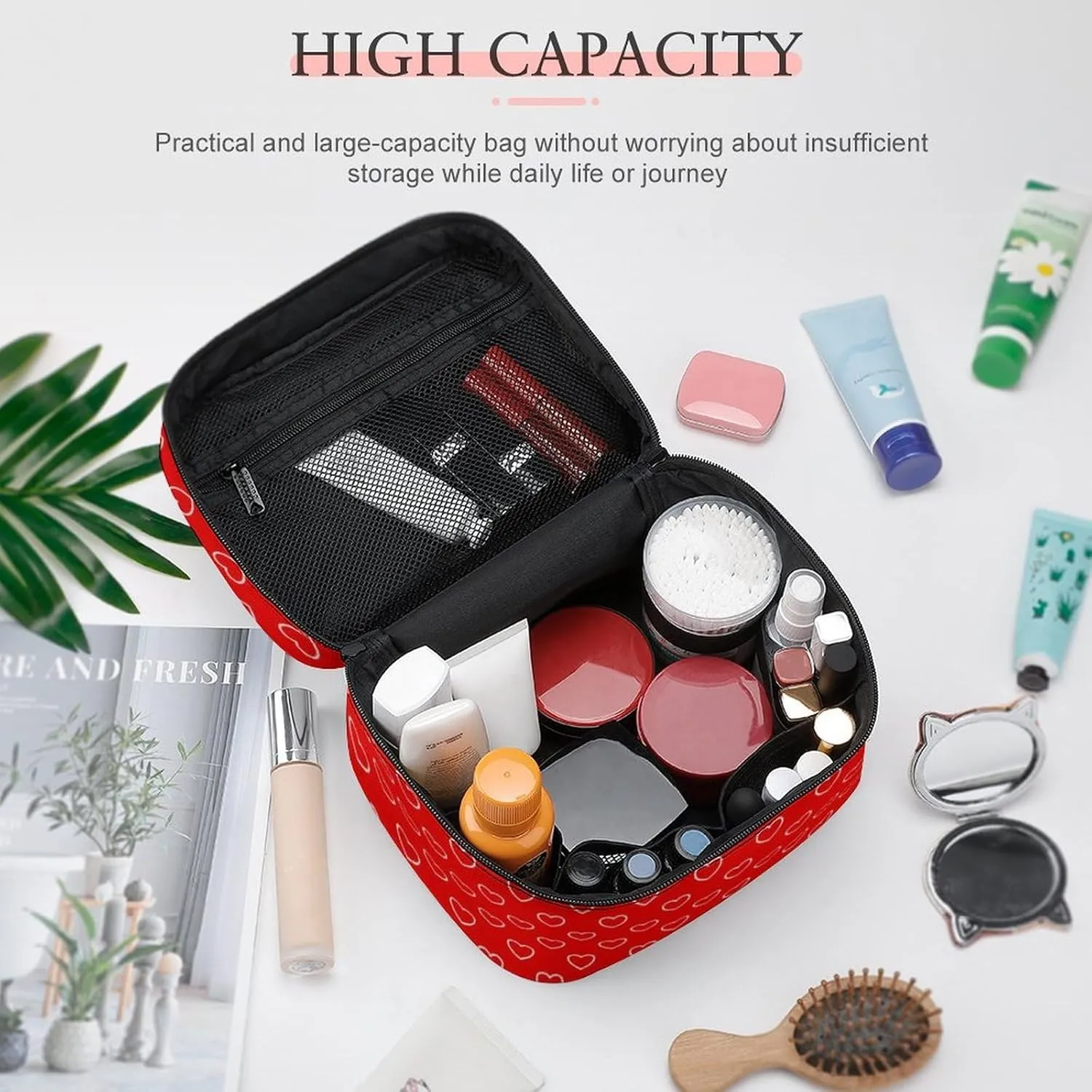 Travel Makeup Bag, Red White Hearts Cosmetic Bags for Women Large Capacity Waterproof Toiletry Bag Make up Organizer