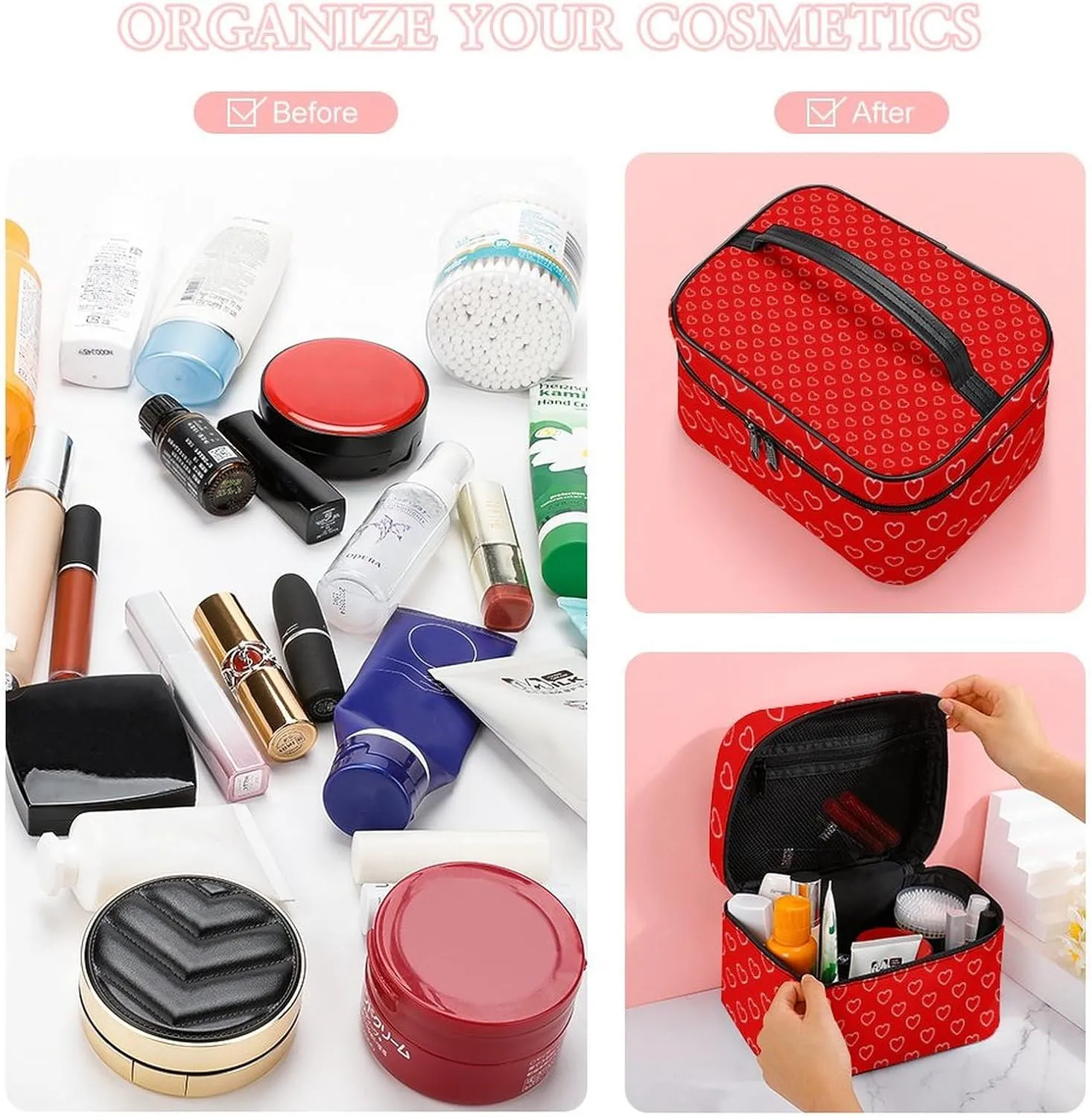 Travel Makeup Bag, Red White Hearts Cosmetic Bags for Women Large Capacity Waterproof Toiletry Bag Make up Organizer