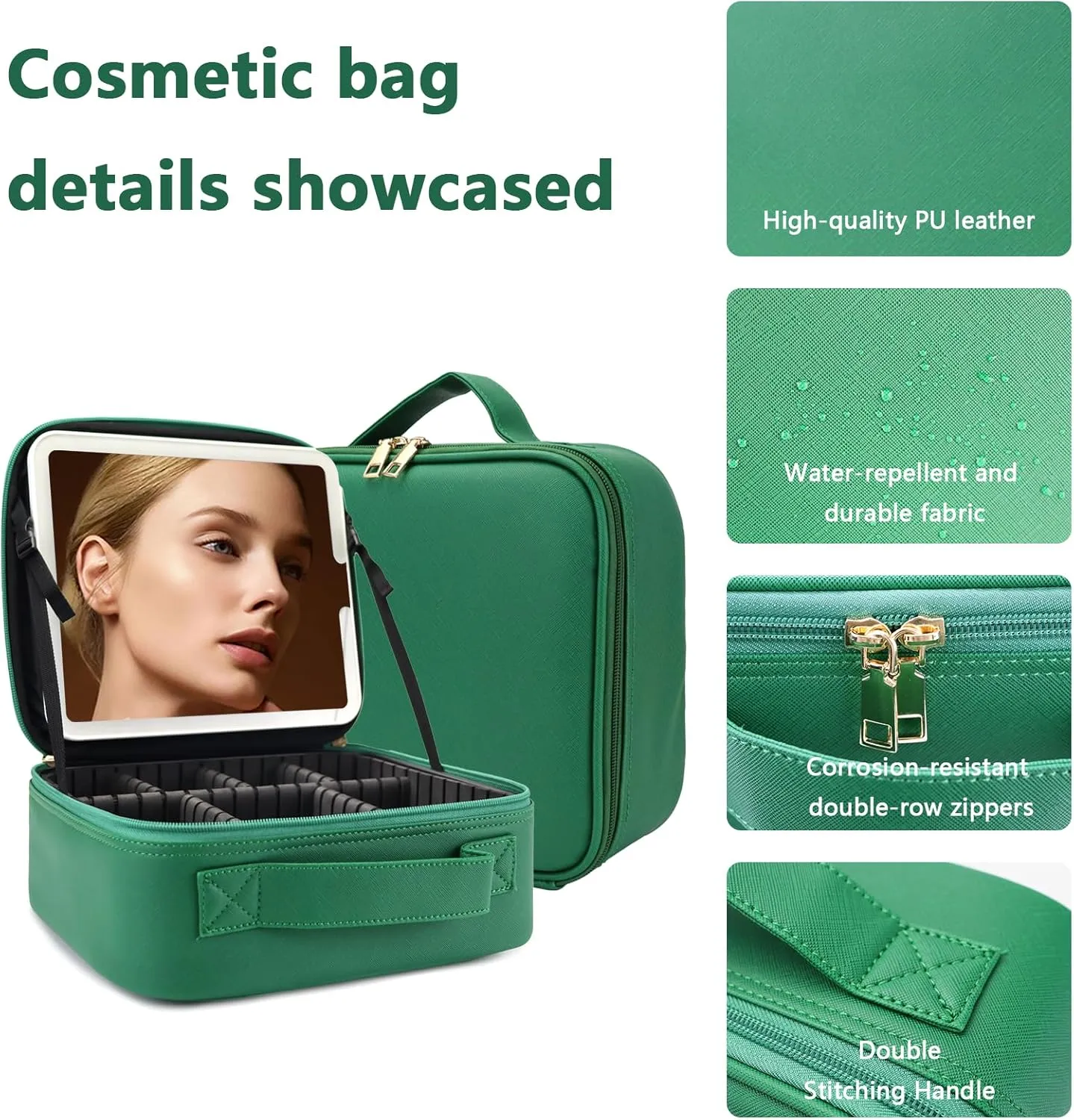 Travel Makeup Bag with LED Lighted Mirror, Travel Makeup Organizer,3 Color Setting Cosmetic Makeup Box, Adjustable Dividers and Brush Holder（Dark green）