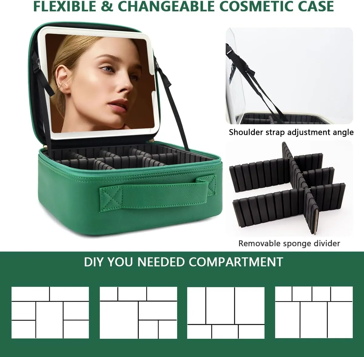 Travel Makeup Bag with LED Lighted Mirror, Travel Makeup Organizer,3 Color Setting Cosmetic Makeup Box, Adjustable Dividers and Brush Holder（Dark green）