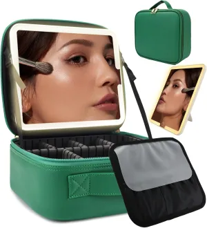 Travel Makeup Bag with LED Lighted Mirror, Travel Makeup Organizer,3 Color Setting Cosmetic Makeup Box, Adjustable Dividers and Brush Holder（Dark green）