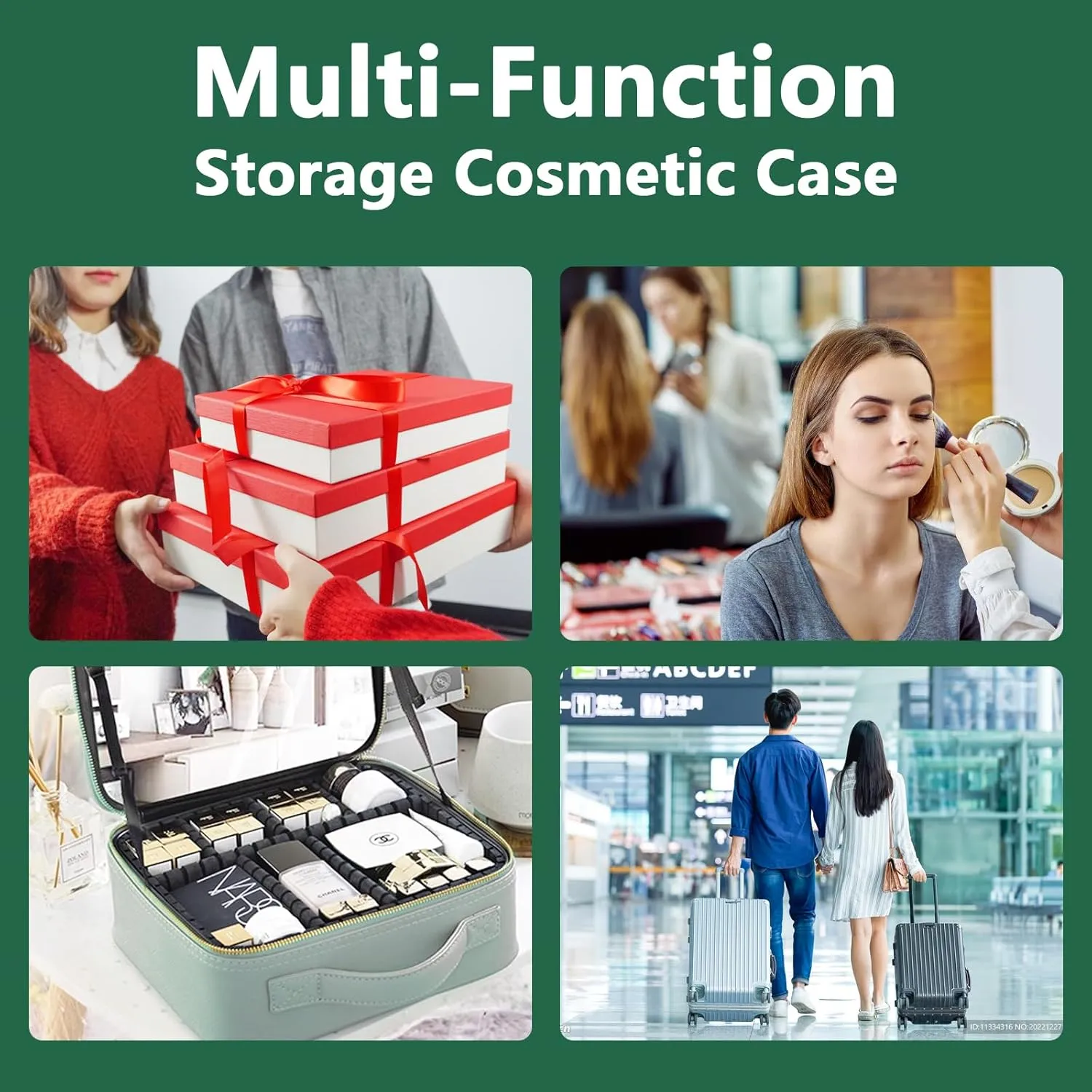 Travel Makeup Bag with LED Lighted Mirror, Travel Makeup Organizer,3 Color Setting Cosmetic Makeup Box, Adjustable Dividers and Brush Holder（Dark green）