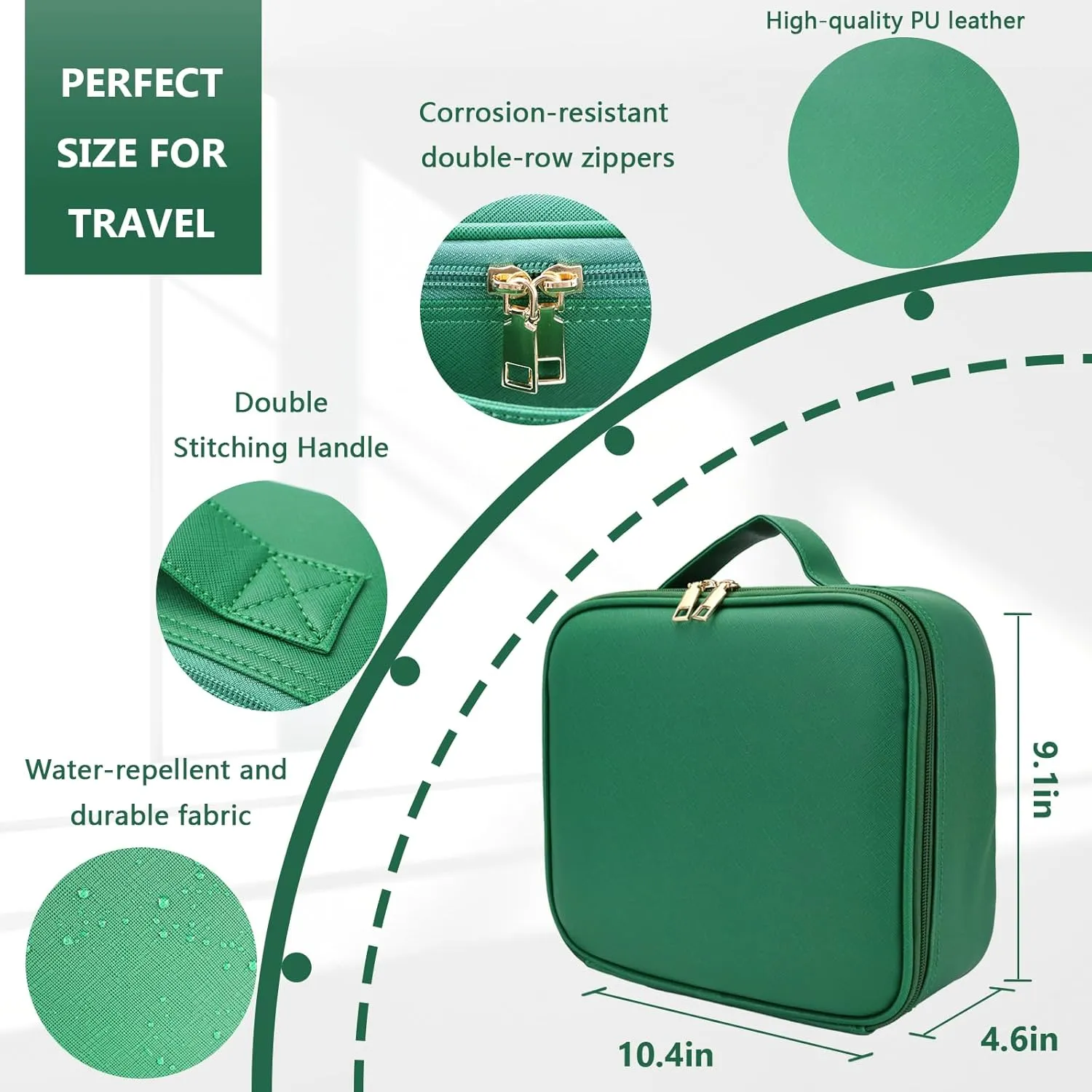 Travel Makeup Bag with LED Lighted Mirror, Travel Makeup Organizer,3 Color Setting Cosmetic Makeup Box, Adjustable Dividers and Brush Holder（Dark green）