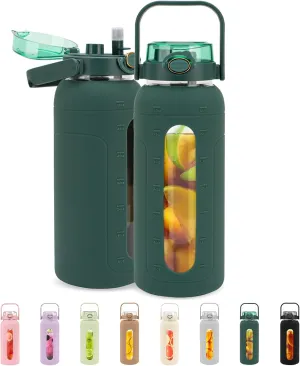 Tronco Half Gallon 64oz Leakproof Glass Water Bottle with Straw and Pop-up Lid, Time Marker, Glass Water Bottle with Silicone Sleeve and Pop-up Lid, BPA Free