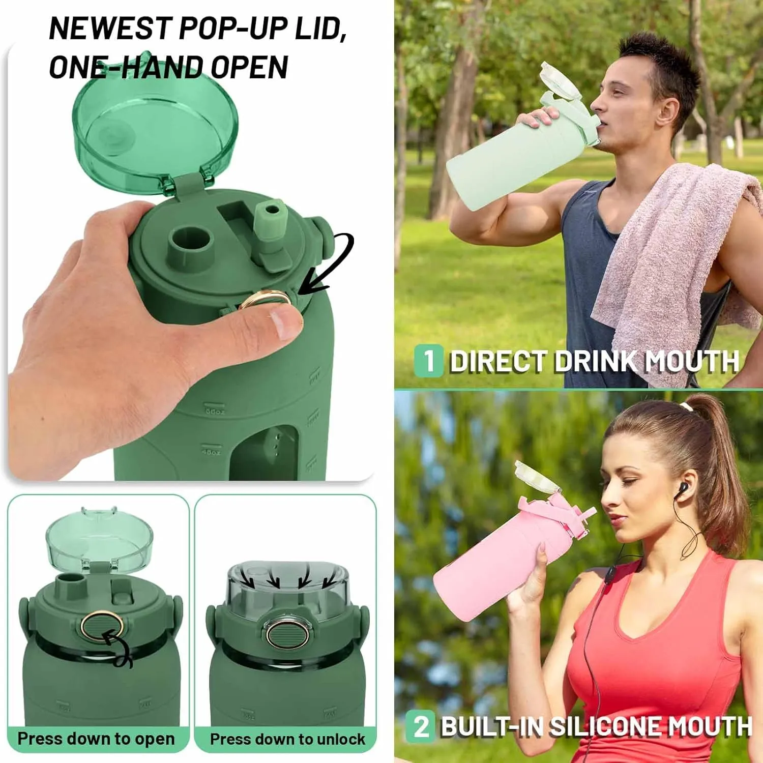 Tronco Half Gallon 64oz Leakproof Glass Water Bottle with Straw and Pop-up Lid, Time Marker, Glass Water Bottle with Silicone Sleeve and Pop-up Lid, BPA Free