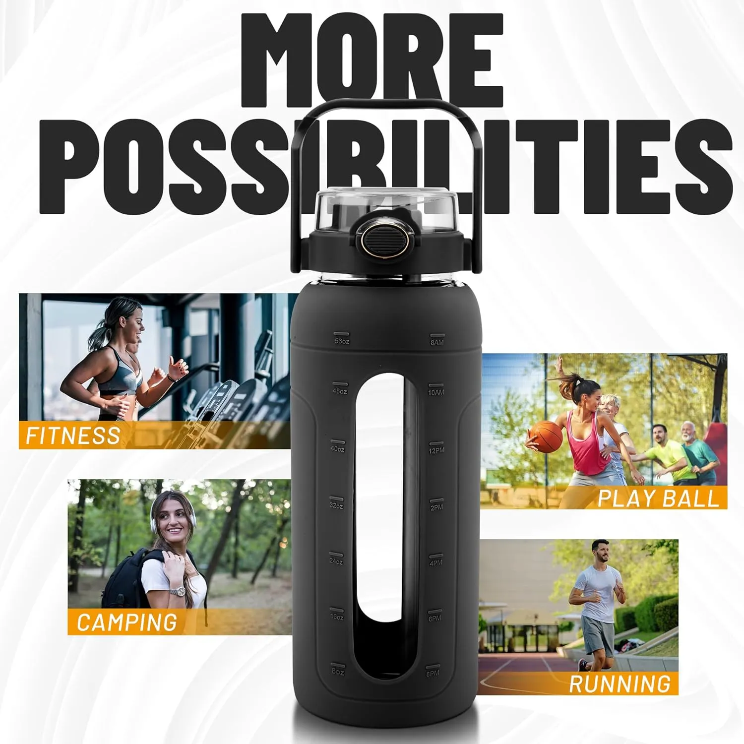 Tronco Half Gallon 64oz Leakproof Glass Water Bottle with Straw and Pop-up Lid, Time Marker, Glass Water Bottle with Silicone Sleeve and Pop-up Lid, BPA Free