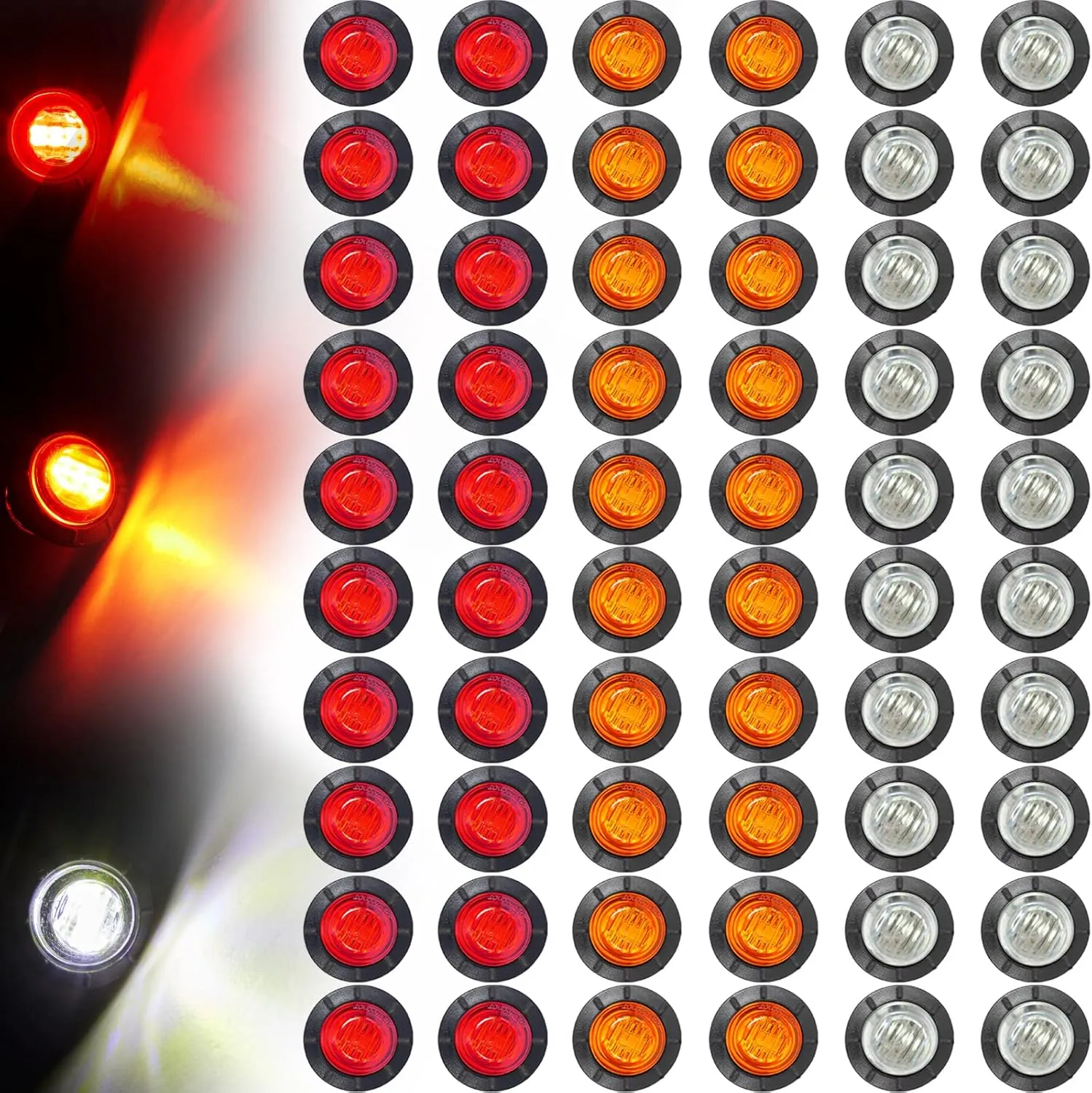 Tuanse 60 Pack Trailer Lights Bulk 3/4 Inch LED Marker Side Button Indicator Chicken Lights Front Rear Turn Signal Round Lamp Waterproof for Truck, Boat, RV, Van, Pickup, ATV 12V DC, Amber Red White