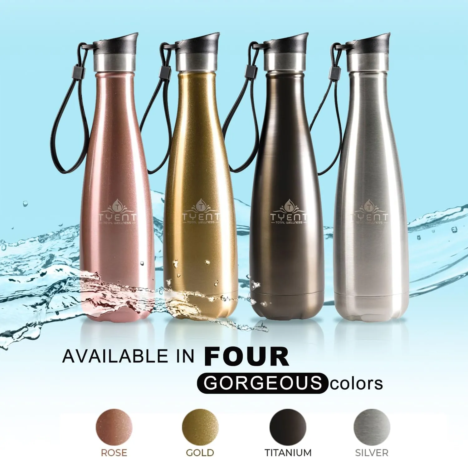 TYENT - Contemporary Drinkware - Insulated Stainless Steel Bottles - Dual Walls - Easy-Sip Cap - Beverages stay Hot or Cold 24 Hours - BPA-Free - Earth-Friendly Reusability - 750ml - Titanium