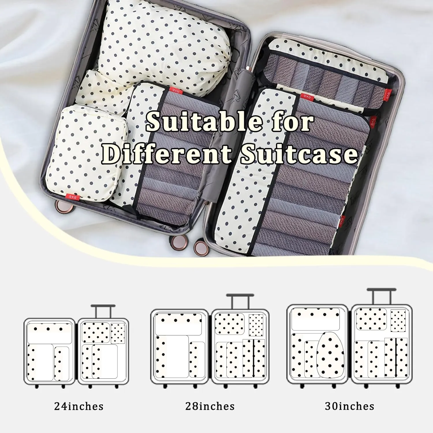 U U 8 Set Compression Packing Cubes - Ultralight Travel Organizers with Laundry Bag and Cosmetic Bag, Space-Saving Suitcase Organizer for Travel, Business Trip and Family Vacation (Polka Dot)
