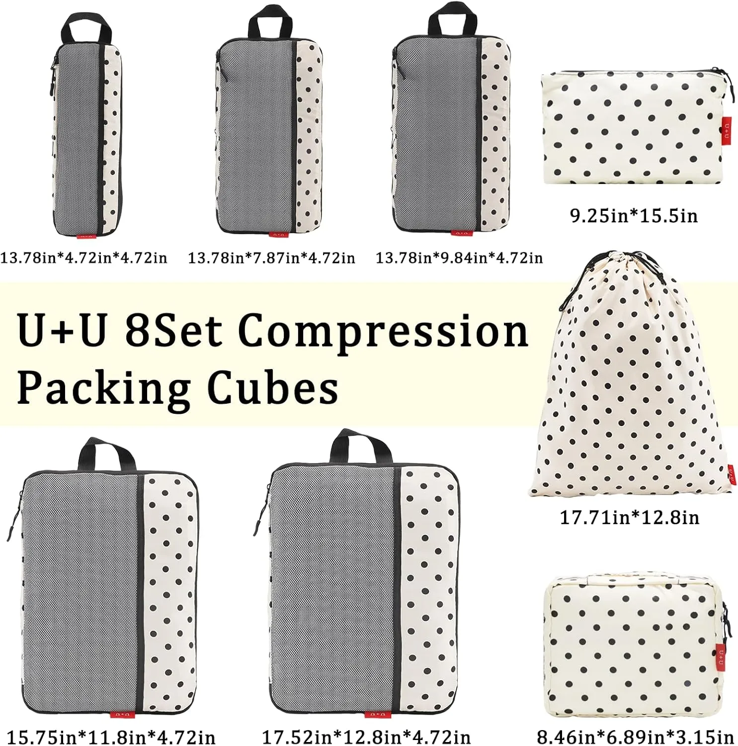 U U 8 Set Compression Packing Cubes - Ultralight Travel Organizers with Laundry Bag and Cosmetic Bag, Space-Saving Suitcase Organizer for Travel, Business Trip and Family Vacation (Polka Dot)