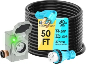 UL Listed 50 Amp 50 Feet Generator Cord and Power Inlet Box Combo Kit NEMA 14-50P Male to SS2-50R STW 6/3 8/1 AWG 125/250V Twist Locking with Inlet Box for Generator to House