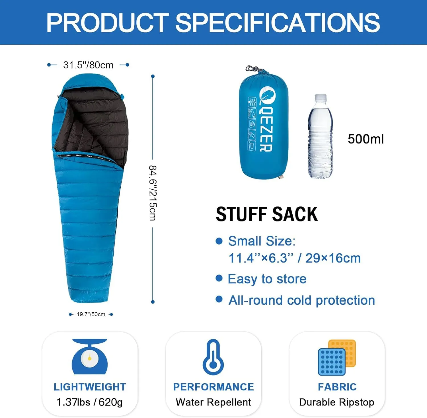 Ultralight Down Sleeping Bag for Adults with 600 Fill Power, Compact Sleeping Bag with Compression Sack for Backpacking, Hiking and Camping