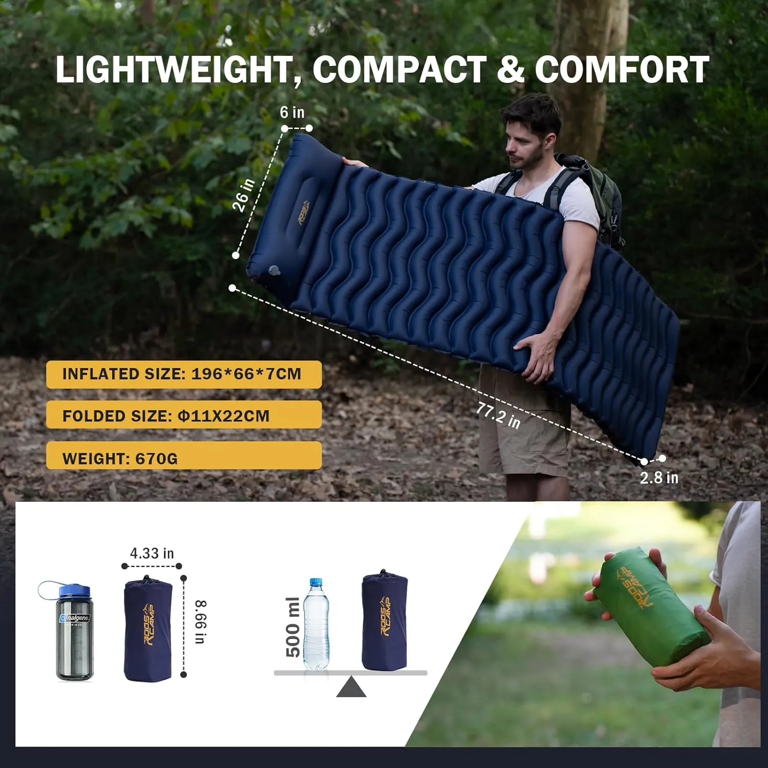 Ultralight Sleeping Pad with Pillow– Inflatable Camping Mat for Backpacking, Traveling and Hiking, Compact and Portable (b lu e)