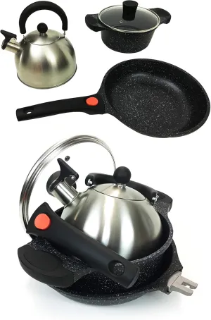 UNPLUG Camping Cooking Set | Cast Aluminum Camping Pots and Pans Set | Nonstick Triple Marble Coated Camping Cookware | Stainless Steel Retro Whistling Camping Kettle| Ideal Gas Stove Camping Mess Kit