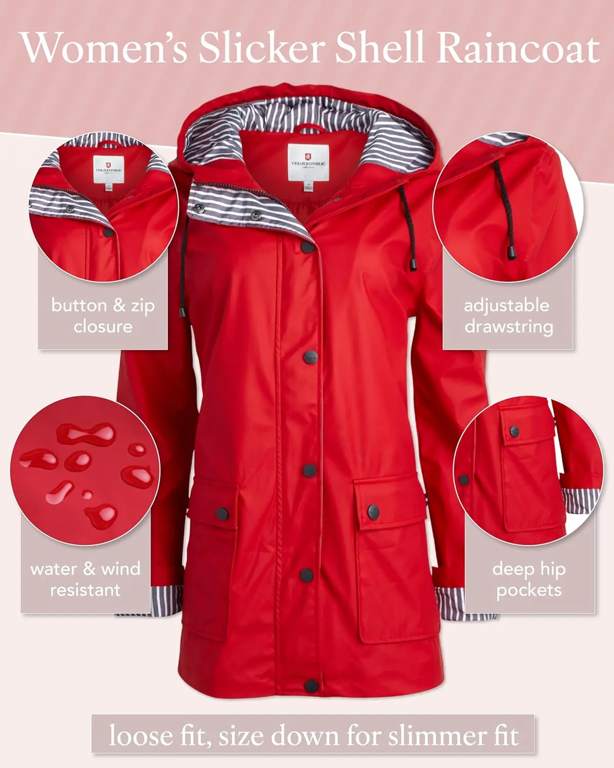 URBAN REPUBLIC Rain Jacket Women - Lightweight Waterproof Windbreaker for Women (S-3XL)