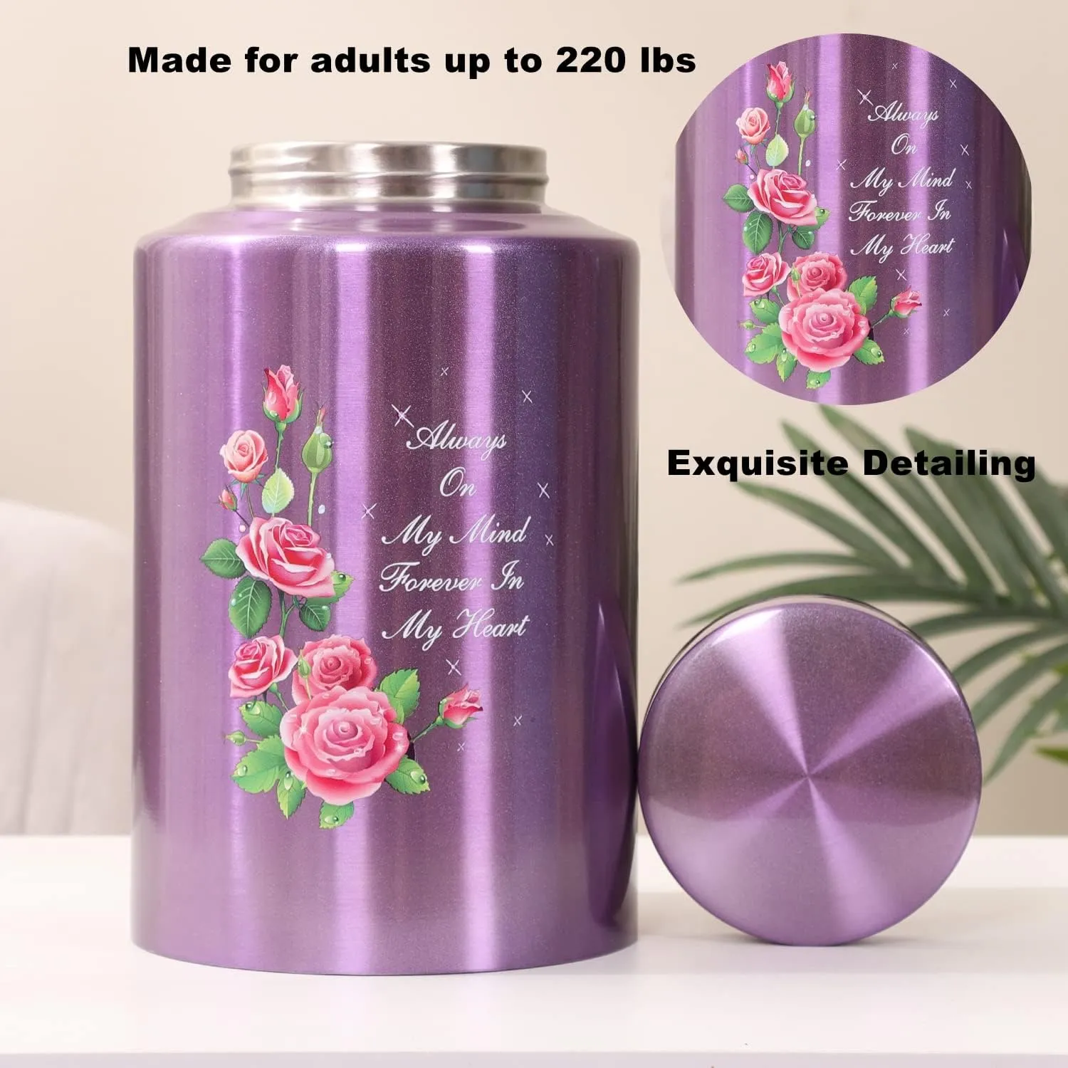 Urns for Human Ashes Adult Female Up to 220 lbs,Purple Flower Urn for Mom Ashes with Velvet Bag,Decorative Urns for Ashes Adult Women,Cremation urn Female (Floral, Purple)