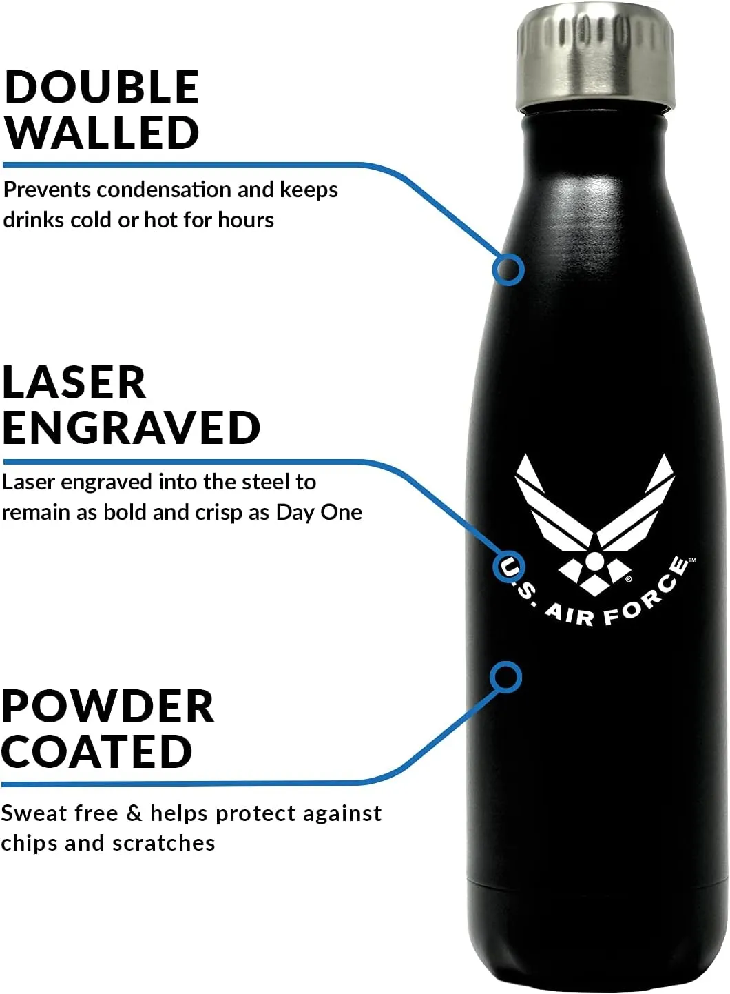 US Air Force 17oz Double Wall Vacuum Insulated Stainless Steel Airman Water Bottle - Perfect for USAF PT and Outdoor Sports