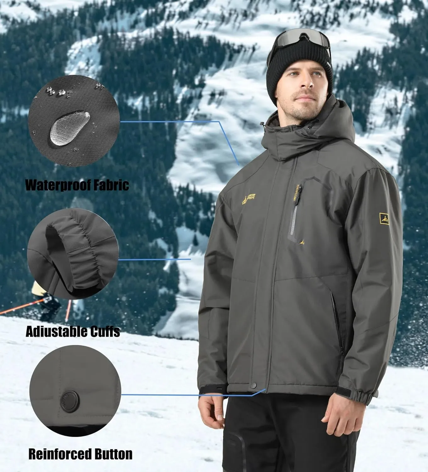 V.A.TOR 189 UNCO&BOROR Men's Winter Thermal Insulated Ski Jacket,Waterproof Coat with Hood for Hiking & Snowboarding