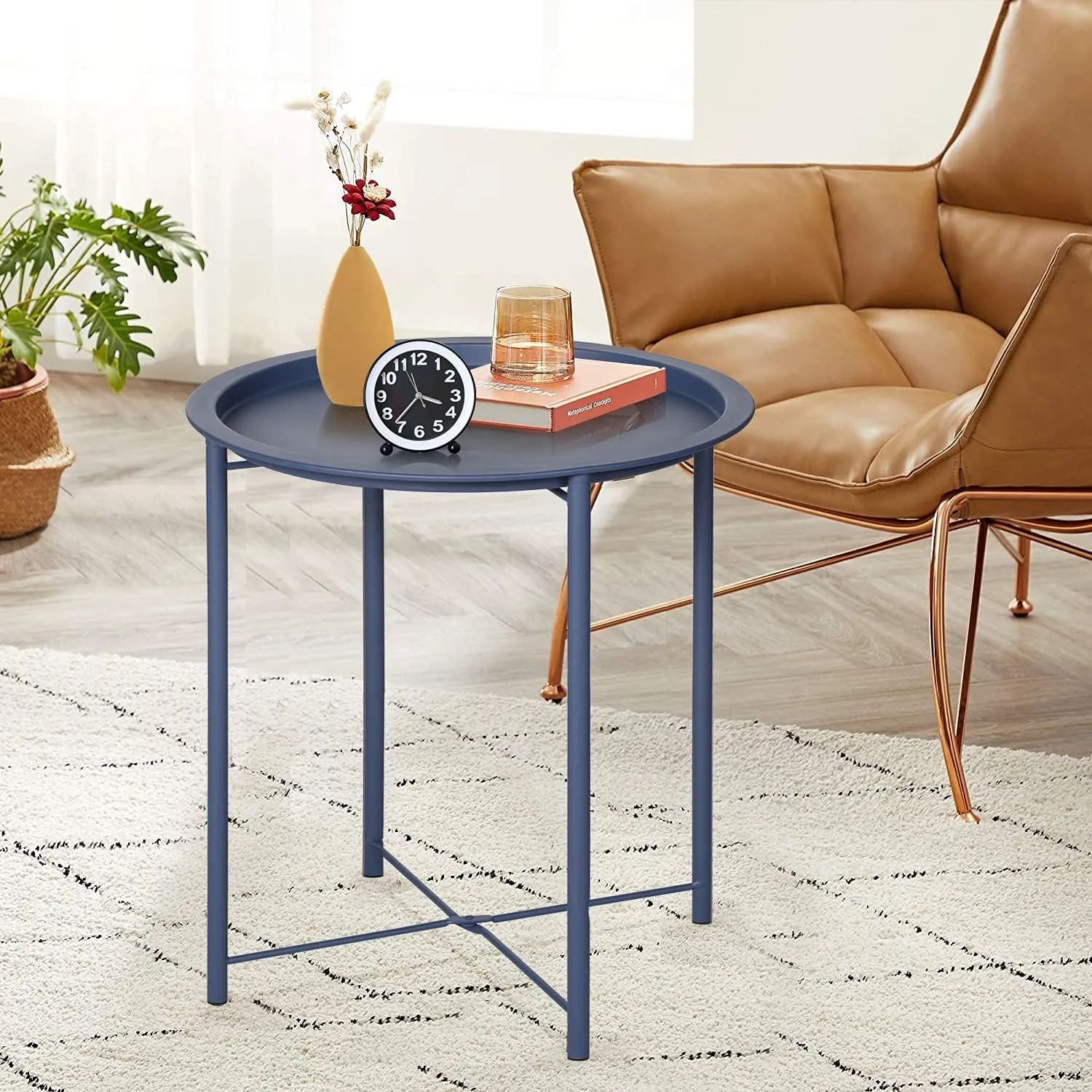 VECELO Side/End Table, Folding Round Metal Anti-Rust and Waterproof Outdoor or Indoor Tray for Living Room Bedroom Balcony and Office, 1 PCS, Blue